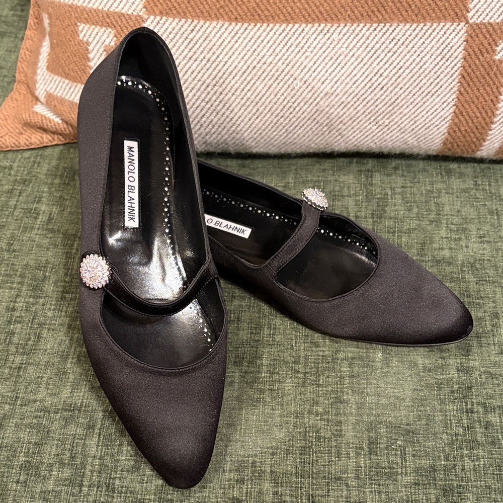 Monolo Blahnik black satin flats